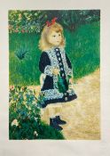 A contemporary lithograph titled 'A girl with a watering can' after Pierre-Auguste Renoir, published