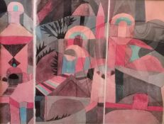 A lithographic poster after Paul Klee's original abstract painting titled 'Temple Gardens' 1920,