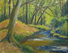 Elizabeth Lamorna Kerr (1904-1990), a mid century oil painting on board titled 'Trevaylor Woods',