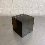 An Italian smoked plexiglass ice bucket of cube form with a circular swing top balanced on a