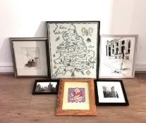 A collection of miscellaneous framed and glazed artworks to include a signed ink and wash drawing,