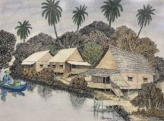 A pen and ink drawing with colours depicting a rural South East Asian village scene with a figure on