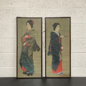 A pair of early 20th century Japanese watercolour paintings on silk, full length studies of Bijin or