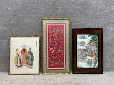 Three artworks to include a signed Chinese silk embroidery depicting the three stellar Gods