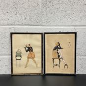 A pair of early 20th century French school silhouette or stencil paintings on silk. Both