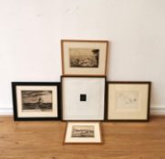 A collection of five artworks to include a signed pencil, ink and wash study of cats, a signed and