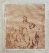 A limited edition sepia etching on paper, abstract nude figure group, signed to the lower right in a