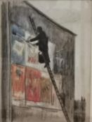 Clifford Hall (1904-1973), a signed charcoal and watercolour study of a man up a ladder pasting