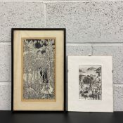 A signed ink drawing on paper depicting a knight in a fantastical forest scene along with an