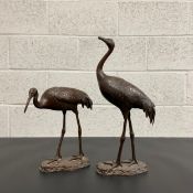 A pair of 20th century Japanese Meiji style cold painted spelter crane figures on naturalistic bases