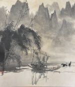 Bai XiaoJun (b.1959), a late 20th century Chinese ink on paper depicting a boat on a lake in an