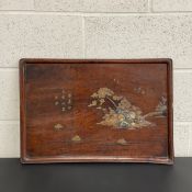 A 19th century Chinese hardwood tray inlaid with a brass and mother of pearl vignette of an island