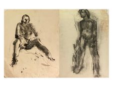 A large ink and wash life drawing, seated nude figure, by Tessana Hoare with a charcoal sketch to