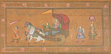 An early 20th century Mughal gouache on silk depicting a Royal procession with figures and horses