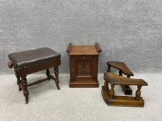 A mixed lot to include an Edwardian piano stool with a leather and studwork upholstered adjustable