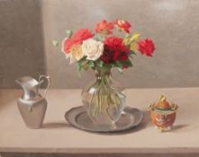 A still life oil painting on board, flowers in a glass vase on a pewter dish with a jug and