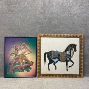 A large contemporary hand painted Mughal style gouache on canvas of a cantering horse with a