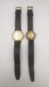 Two vintage gentleman's automatic watches one with a black leather strap. An 18ct yellow gold plated