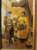 A Crystoleum picture of an 18th century gentleman and greengrocer, in a carved oak giltwood frame