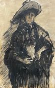 An ink drawing on paper, portrait of a figure in a wide brimmed hat, signed and dated to the lower