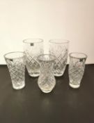 A collection of five Thomas Webb cut glass vases. With maker's labels. Tallest H.26cm