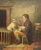 A 19th century oil on canvas, portrait of a seated man and dog with a pipe in a gilt frame. H.47 W.