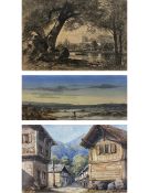 Three artworks to include a charcoal landscape drawing with initials to the lower right, a signed