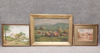 A collection of three paintings to include an early 20th century signed and dated watercolour, rural