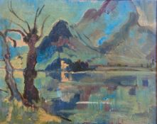 A C.1960 Fauvist style oil on canvas, trees by a lake on a mountainous landscape, signed to the