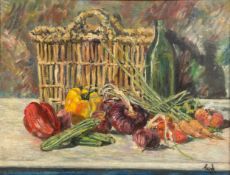 A mid century oil on canvas, still life vegetables bottle and basket, signed and dated to the