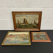 Three framed oil paintings to include an early 20th century oil on canvas depicting sailing boats in