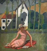An early 20th century oil on board, portrait of a lady in a rural setting, signed to the lower right