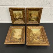 A collection of four late 19th century oil landscape paintings on canvas in gilt moulded frames. H.
