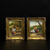 A pair of oil paintings on canvas depicting chickens in a rural setting, signed J. Bell to the lower