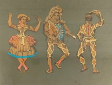 A set of three 19th century French articulated lithographic pantin or paper cutout harlequin dolls