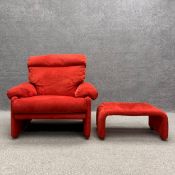 A 1970's red suede Coronado armchair and footstool by Afra and Tobia Scarpa for B&B Italia. H.