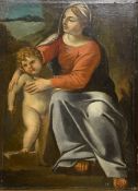 An early 19th century Renaissance style oil on oak panel, Madonna and child, in a gilt frame. H.38.5