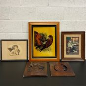 A collection of five artworks to include a print titled 'The Kestrel', an engraving of a cherub