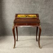 A French Louis XV style mahogany bureau de pente or ladies writing desk having a hand painted Vernis