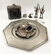 A collection of metal items to include three Benin style figures, a Dutch silver plated ashtray, a