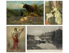 A collection of four prints to include one depicting Highland cattle on a mountainous landscape in