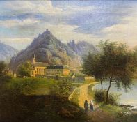 A 19th century Continental school oil on canvas, figures with a view of Kamp-Bornhofen pilgrimage
