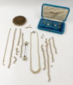 A mixed collection of natural and other pearls to include a necklace, a jabot pin and two pairs of