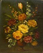 A pair of oil paintings on board, still life flowers in a vase, each signed E. Piot to the lower