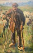 An early 20th century oil on board, portrait of a shepherd, signed to the lower right in a carved