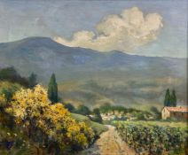 An early 20th century oil painting, rural Continental landscape with mountains in the distance,