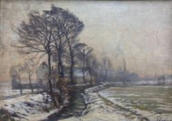 Hermann Bahner (1867-1938), an early 20th century oil on panel, wintry rural landscape, signed to