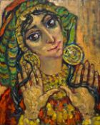 A mid 20th century impasto oil on canvas, portrait of a lady in ceremonial dress, possibly Hedi