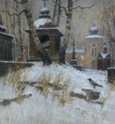 An early 20th century Russian school pastel study on paper depicting a wintry church yard,