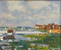 Frank Lynton Giles (1910-2003), a 20th century oil on board depicting boats and buildings on an